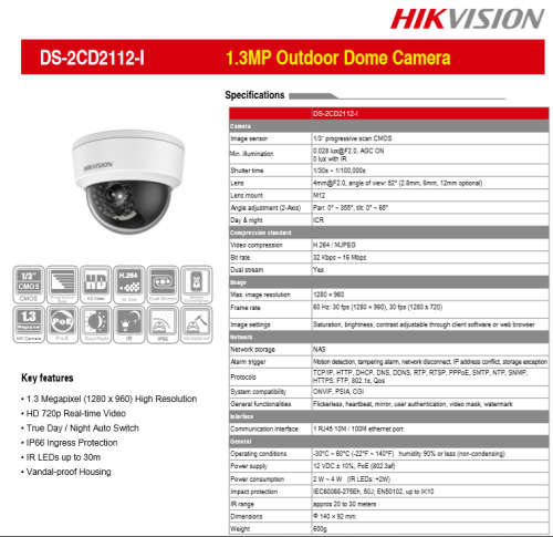 Hikvision DS-2CD2112F-I NETWORK / IP Camera - Second hand