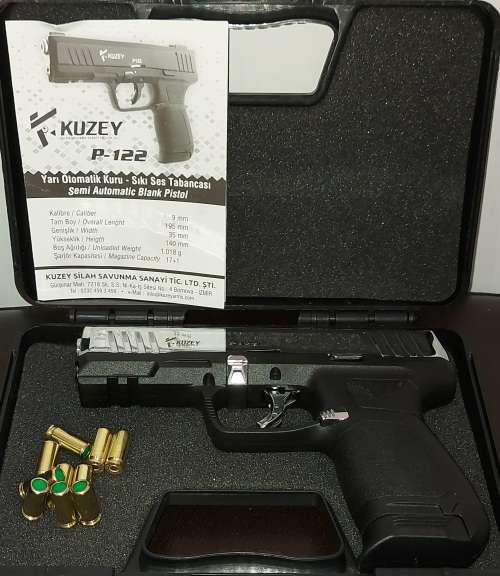 KUZEY P122 Chrome Black 9mm P.A.K. Blank / Pepper Gun