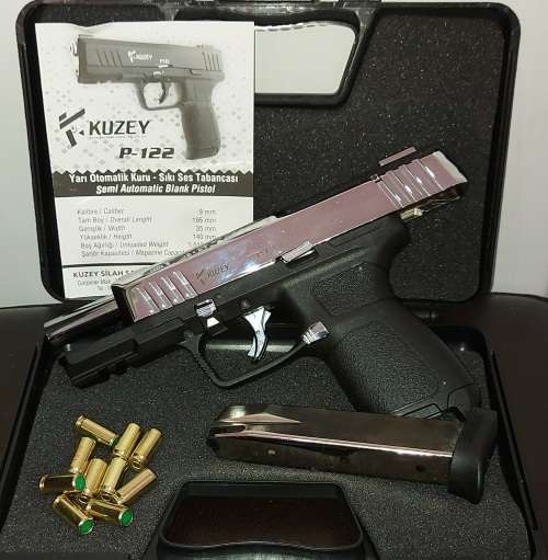 KUZEY P122 Chrome Black 9mm P.A.K. Blank / Pepper Gun