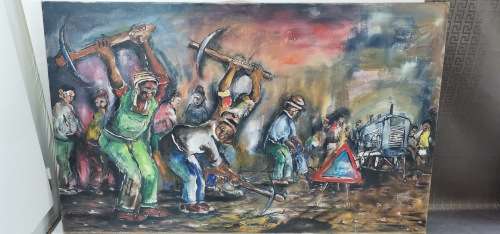 SUPER LARGE ORIGINAL Mvemve JIYANE OIL ON CANVAS SIGNED 1981 SIZE 122CM X 69CM!!!!