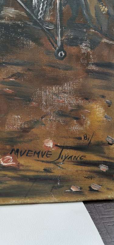 SUPER LARGE ORIGINAL Mvemve JIYANE OIL ON CANVAS SIGNED 1981 SIZE 122CM X 69CM!!!!