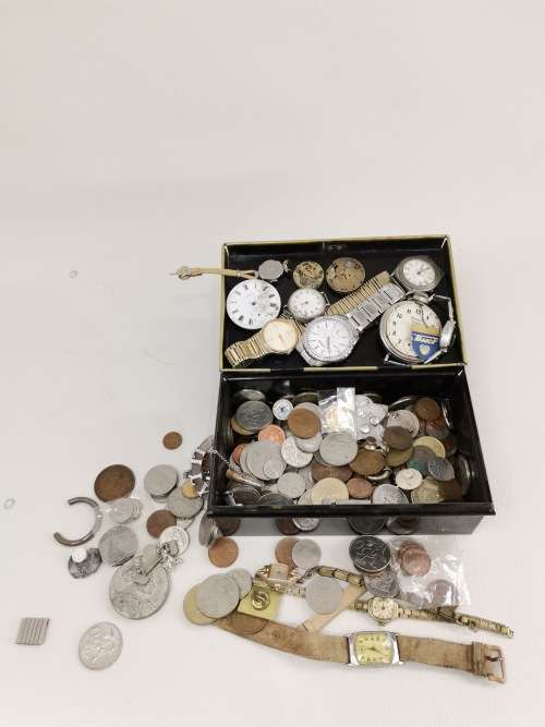 Collection of vintage coins and watches bid for all in box!!!!