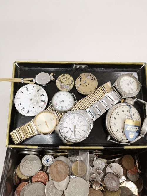 Collection of vintage coins and watches bid for all in box!!!!