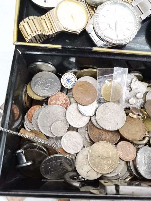 Collection of vintage coins and watches bid for all in box!!!!