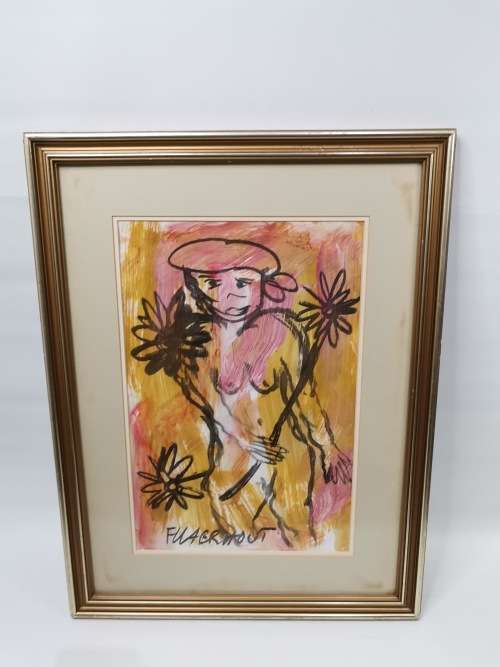 FATHER FRANS CLAERHOUT SIGNED CHARCOAL and ARCYLIC PAINTING WITH PAPER AS FOUND ON PICTURES!!!!