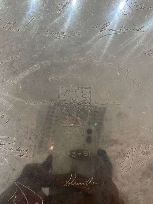 RARE 1961 MOTH SILVERPPLATED MAREETSANE SHELLHOLE SIGNED BY FOUNDING MEMBERS MASSIVE 49CM !!!
