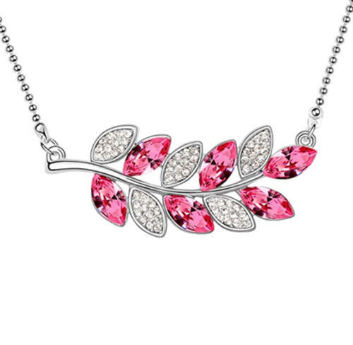 Elegant Leaf Shaped Silver Plated Necklace with Rhinestones