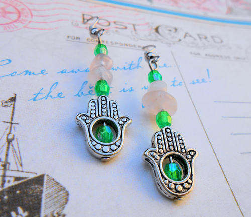 HAMSA HAND EARRINGS WITH ROSE QUARTZ