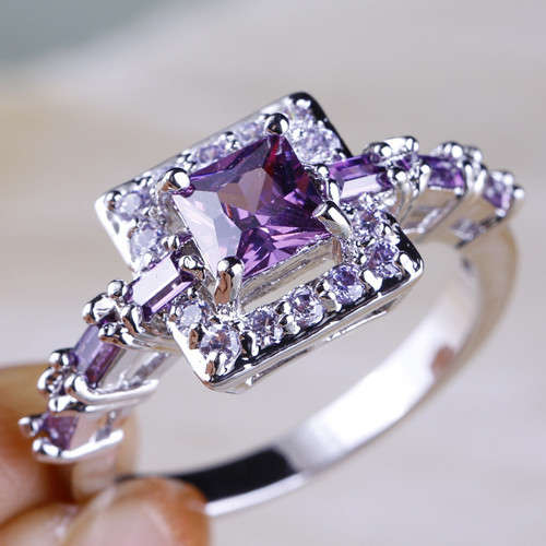 Breathtaking Beautiful ..!!!Stimulated Amethyst & White Topaz Ring Silver & 18K White Gold Plate,