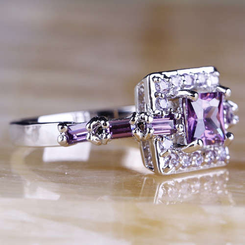 Breathtaking Beautiful ..!!!Stimulated Amethyst & White Topaz Ring Silver & 18K White Gold Plate,