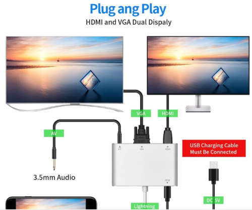 3 in 1 Lightning to HDMI/VGA and Audio Adapter For IOS devices