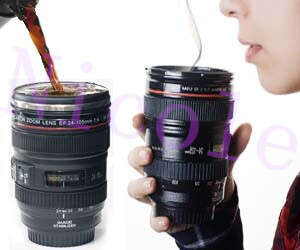 Camera Lens-shaped Coffee Mug with Drinking Lid, FDA- and LFGB-certified