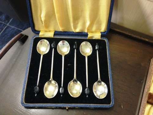 ART DECO SILVER PLATE BLACK COFFEE BEAN SPOONS, SET OF SIX