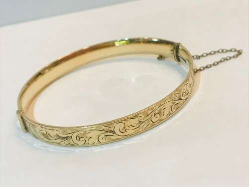 Vintage 9ct Gold (Metal Cored) Floral Cuff Hinged Bracelet Bangle