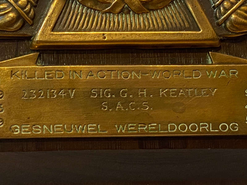 South African WW2 Killed in Action Memorial plaque for `SIG GH KEATLEY SACS 232134V`