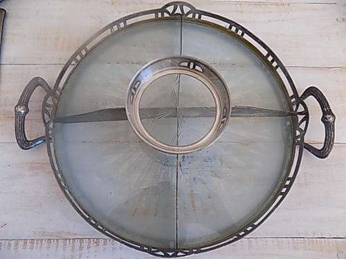 Silver Plated and Decorative Glass Snack Tray with Dip Bowl on Top