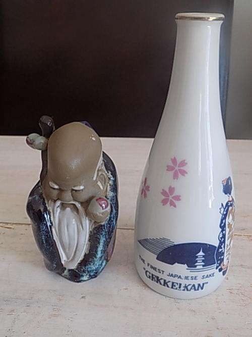 One Clay Japanese Figurine & Japanese "Gekkeikan" Vase