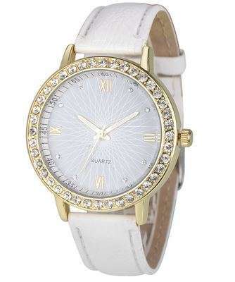(Local) Luxury Rhinestone Watch with White PU-Leather strap