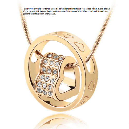 18K Gold Plated Heart+Ring Pendant Necklace Made With Swarovski Elements