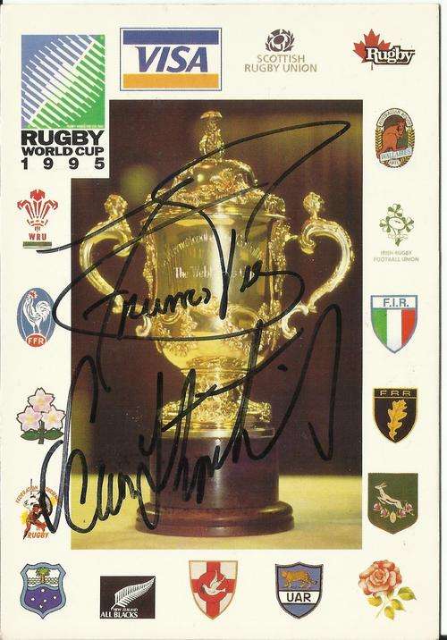 1995 RWC POSTCARD- AUTOGRAPHED BY FRANCOIS PIENAAR + SEAN FITZPATRICK
