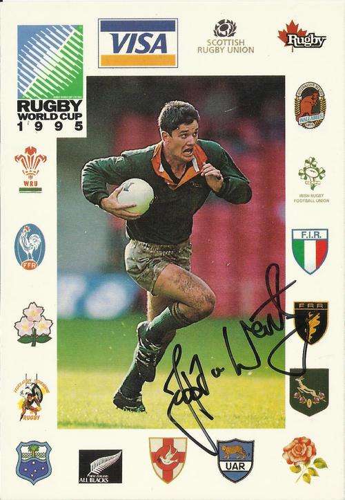 1995 RWC POSTCARD- AUTOGRAPHED BY JOOST VD WESTHUIZEN