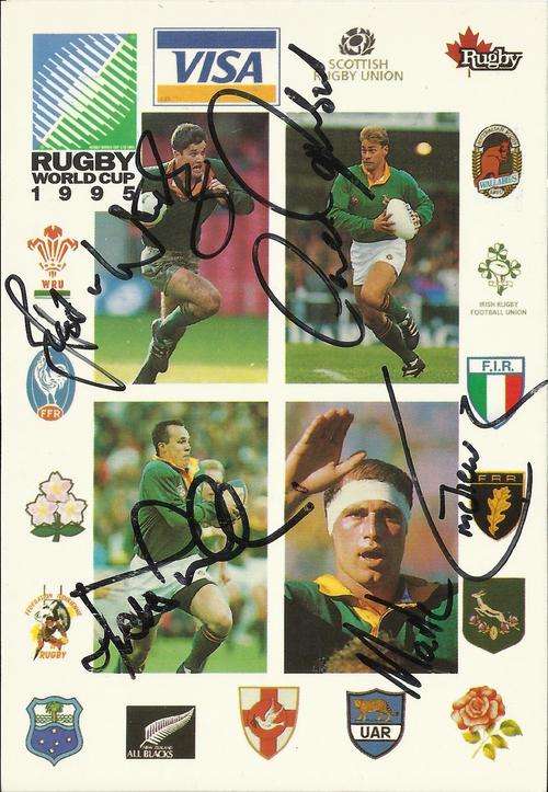 1995 RWC POSTCARD- AUTOGRAPHED BY JOOST, ANDRE, MARK, PIETER
