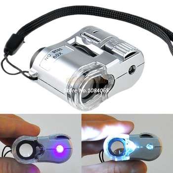 New 2014 Silver 60X Mini Pocket Magnifier Microscope Loupe LED Currency UV Detector