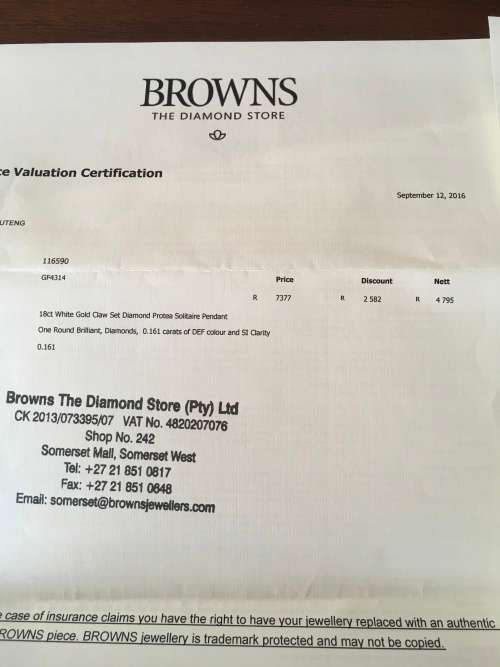 BROWNS 9k White Gold Diamond Ring and 18k Pendant Set - Certificate Included