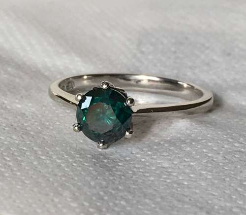 MGL Certified 1.14 cts Blue Green Round Cut Diamond Ring - Marked 9k White Gold