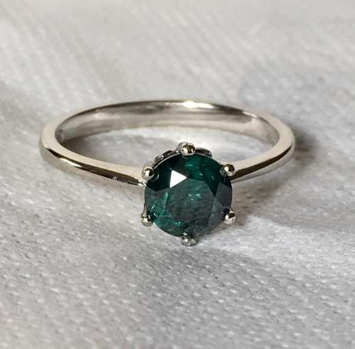 MGL Certified 1.14 cts Blue Green Round Cut Diamond Ring - Marked 9k White Gold