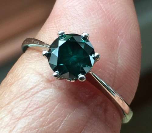 MGL Certified 1.14 cts Blue Green Round Cut Diamond Ring - Marked 9k White Gold