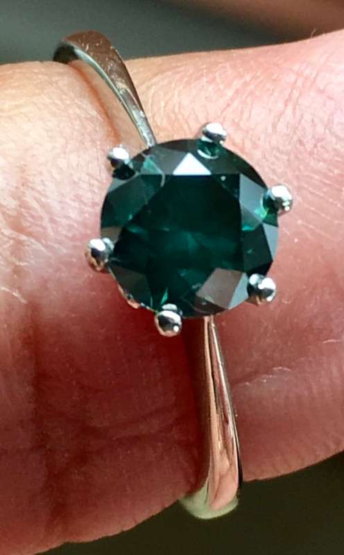 MGL Certified 1.14 cts Blue Green Round Cut Diamond Ring - Marked 9k White Gold