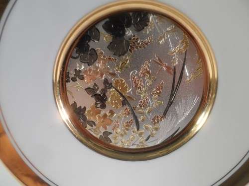CHOKIN PLATE FINE PORCELAIN , 24 kt GOLD EDGED " AUTUMN GRASSES &INSECTS "