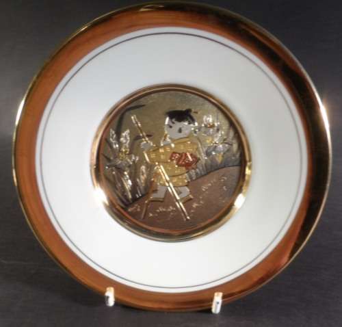 CHOKIN FINE WHITE PORCELAIN JAPANESE PLATE  " BOY'S DOLL DAY FESTIVAL "