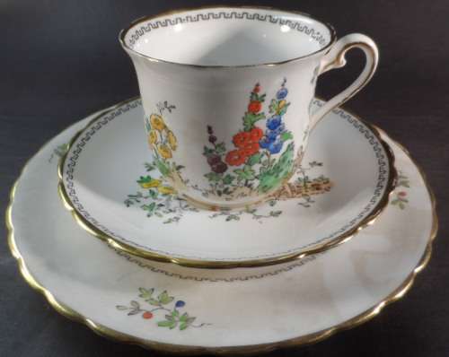 MJC49 PLANT TUSCAN ENGLISH FINE BONE CHINA , VINTAGE  TEA DUO  " HOLLYHOCKS DESIGN "