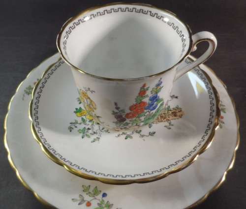 MJC49 PLANT TUSCAN ENGLISH FINE BONE CHINA , VINTAGE  TEA DUO  " HOLLYHOCKS DESIGN "
