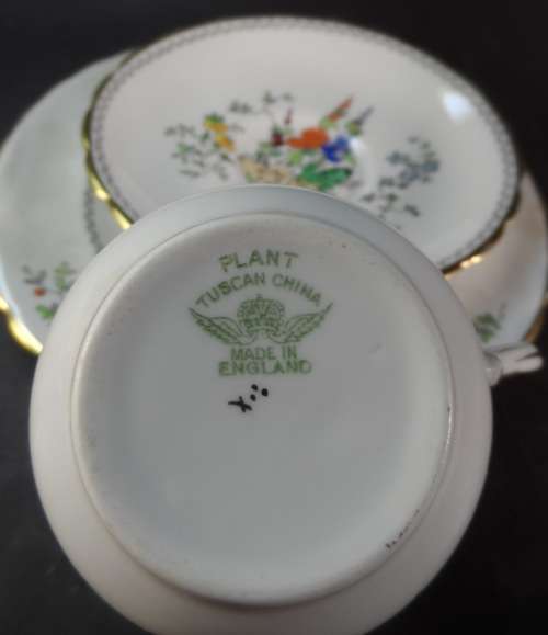 MJC49 PLANT TUSCAN ENGLISH FINE BONE CHINA , VINTAGE  TEA DUO  " HOLLYHOCKS DESIGN "
