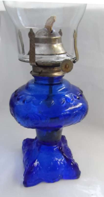 COBALT BLUE MOULDED GLASS PARAFFIN LAMP