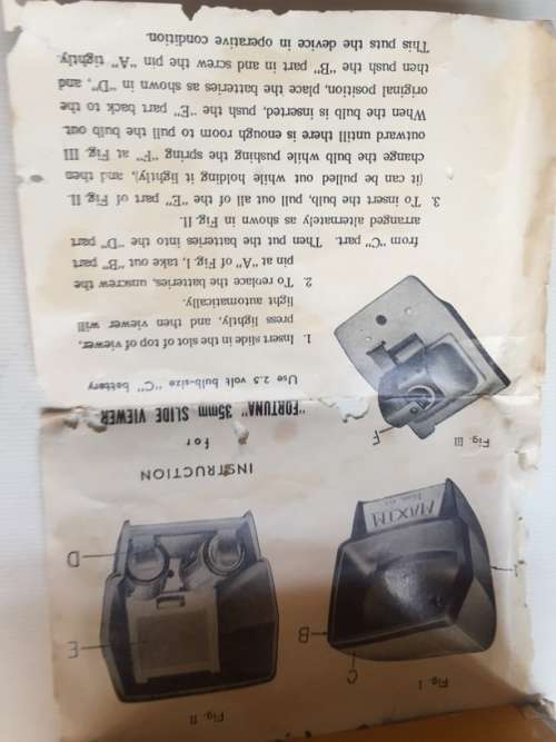 FORTUNA VIEWER   VINTAGE  2` X 2 ` SLIDE VIEWER IN ORIGINAL BOX , WITH  INSTRUCTION LEAFLET