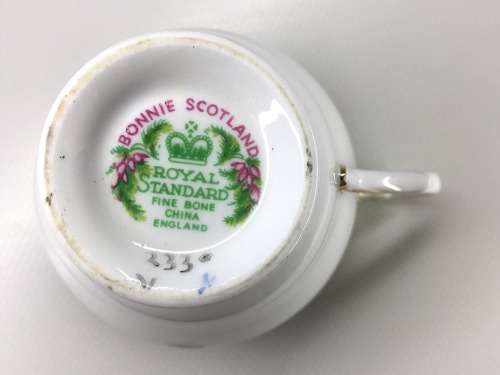 A SET OF FOUR ROYAL STANDARD FINE BONE CHINA TEA TRIOS  ` BONNIE SCOTLAND - MAC LEAN  `