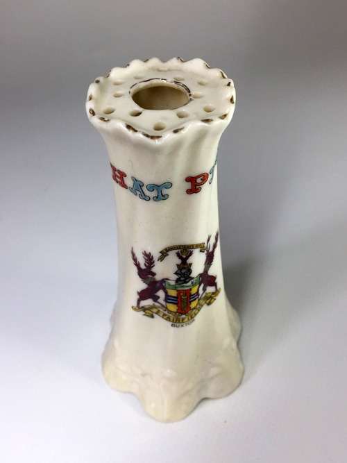 A and S ARCADIAN CHINA  VINTAGE HAT PIN HOLDER  EMBLAZONED WITH THE CREST OF ` FAIRFIELD BUXTON `