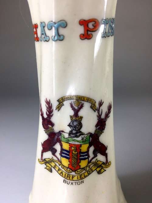 A and S ARCADIAN CHINA  VINTAGE HAT PIN HOLDER  EMBLAZONED WITH THE CREST OF ` FAIRFIELD BUXTON `