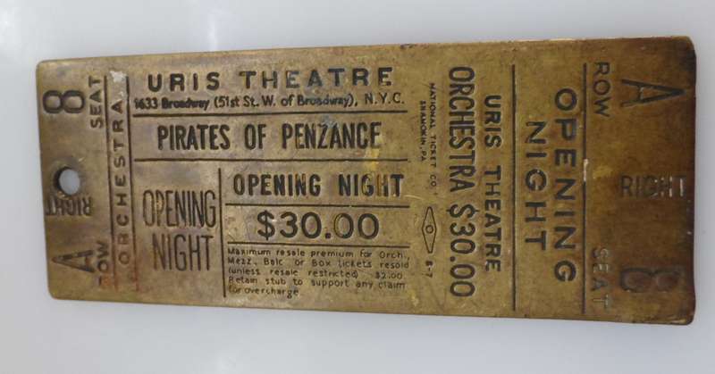 THE PIRATES OF PENZANCE ,1981 URIS THEATRE N.Y. VINTAGE , THEATRE SOUVENIR ,  BRASS TICKET