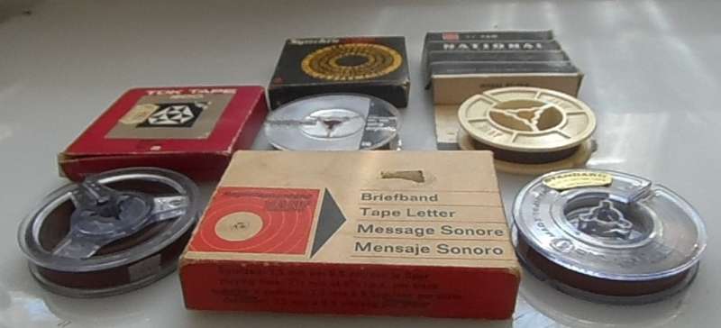 VINTAGE ANALOG, AUDIO REELS 1/4 ins TAPE ON 2 1/4 ins reels x3  , & 1 TAPE LETTER 1/4 ins  on reel