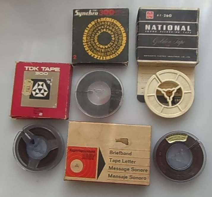 VINTAGE ANALOG, AUDIO REELS 1/4 ins TAPE ON 2 1/4 ins reels x3  , & 1 TAPE LETTER 1/4 ins  on reel