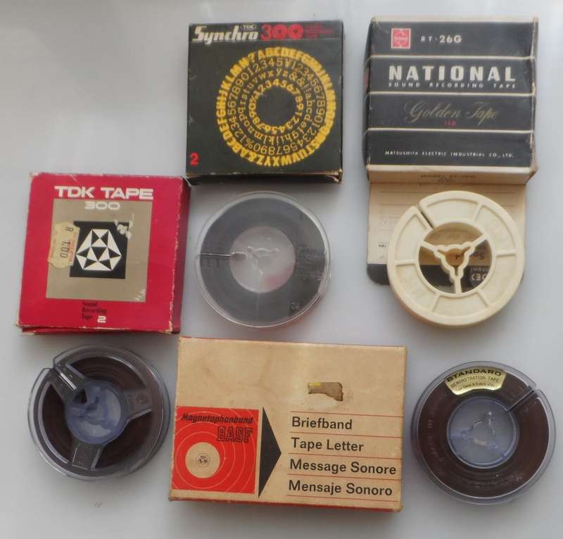 VINTAGE ANALOG, AUDIO REELS 1/4 ins TAPE ON 2 1/4 ins reels x3  , & 1 TAPE LETTER 1/4 ins  on reel