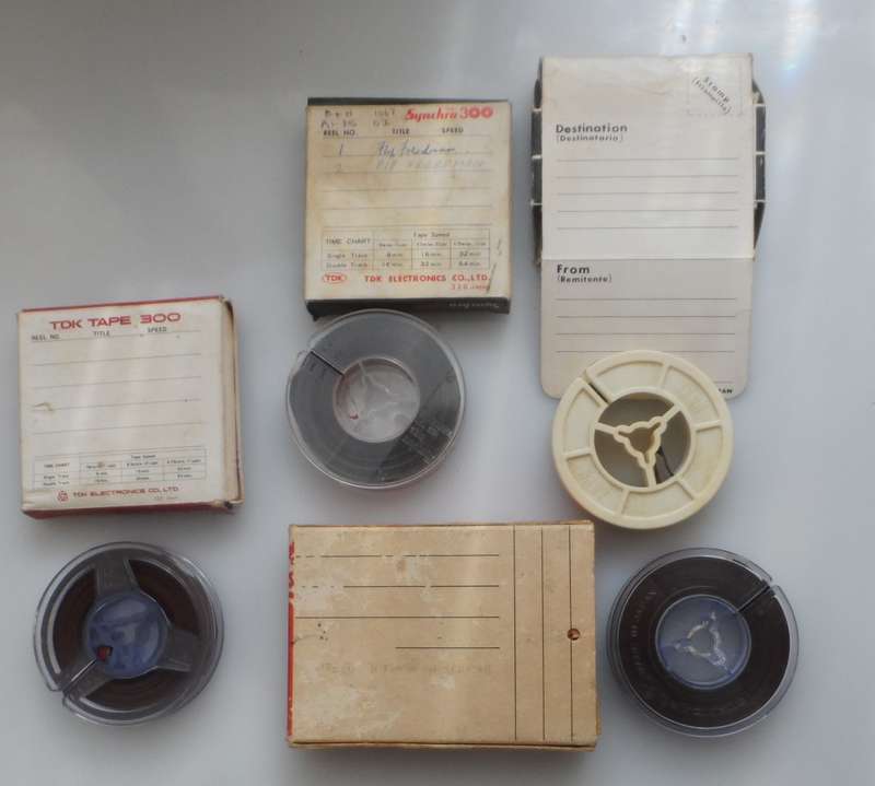 VINTAGE ANALOG, AUDIO REELS 1/4 ins TAPE ON 2 1/4 ins reels x3  , & 1 TAPE LETTER 1/4 ins  on reel
