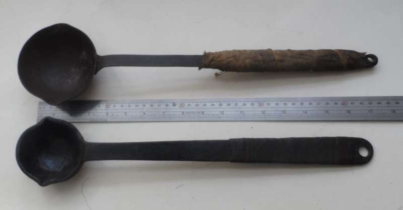 SOLID CAST IRON , 2 LADLES ,VINTAGE CAST , for smelting, wax pouring, blacksmithing burlap wrap hand