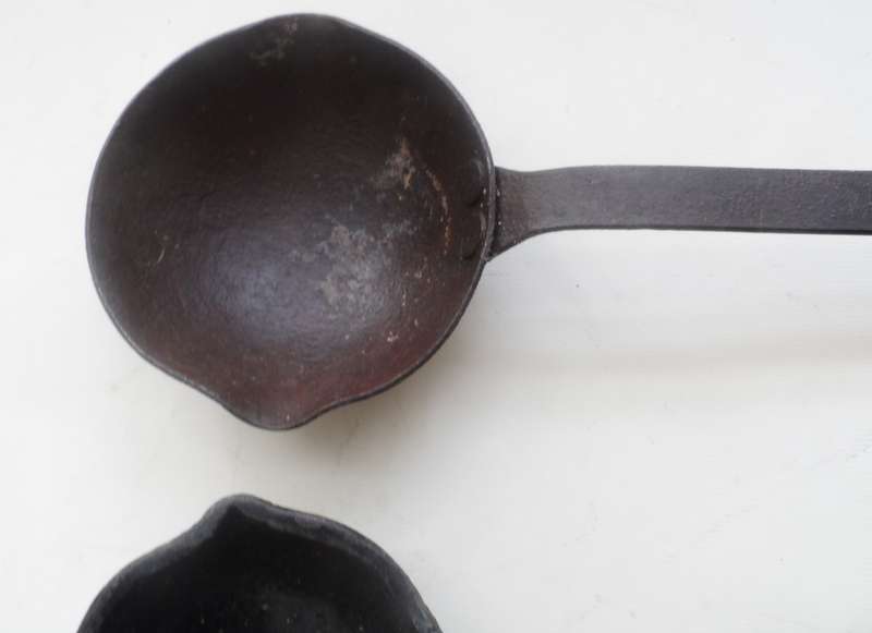 SOLID CAST IRON , 2 LADLES ,VINTAGE CAST , for smelting, wax pouring, blacksmithing burlap wrap hand