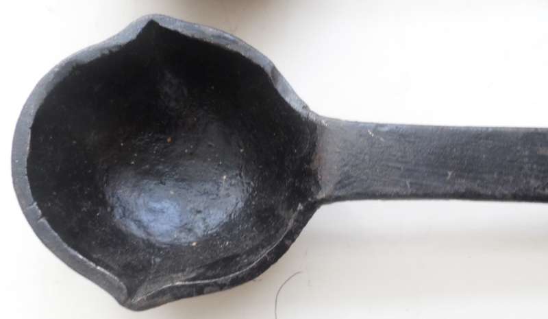 SOLID CAST IRON , 2 LADLES ,VINTAGE CAST , for smelting, wax pouring, blacksmithing burlap wrap hand